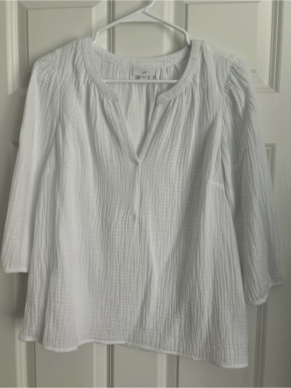 J. Jill White Textured Cotton gauze split neck shirt.